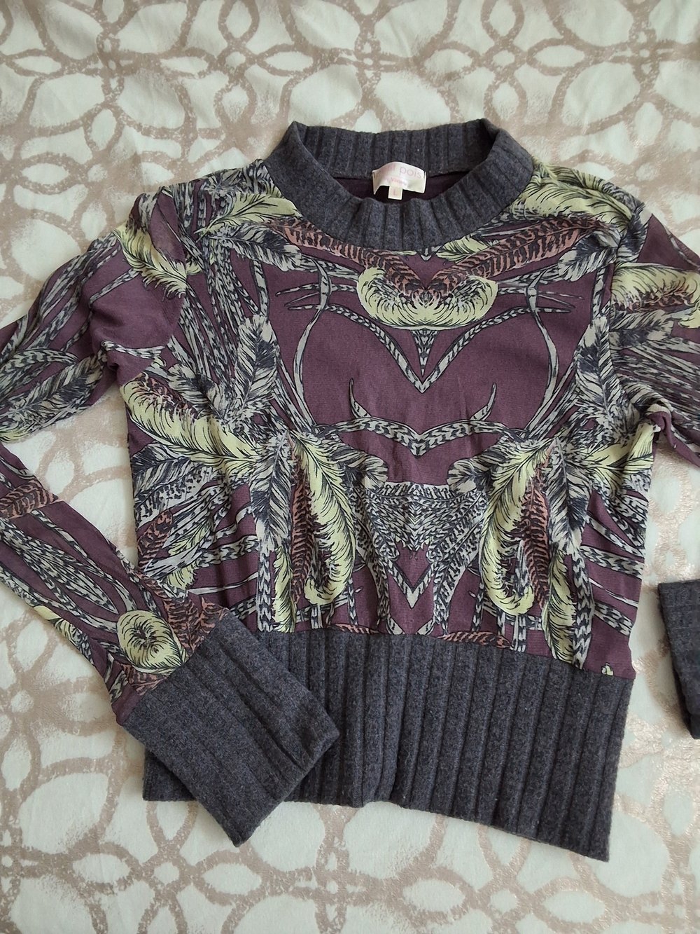 Viviana Plum and Gray Feather-Print Crewneck Sweater